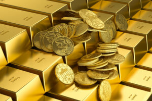 gold bar and money,3d render