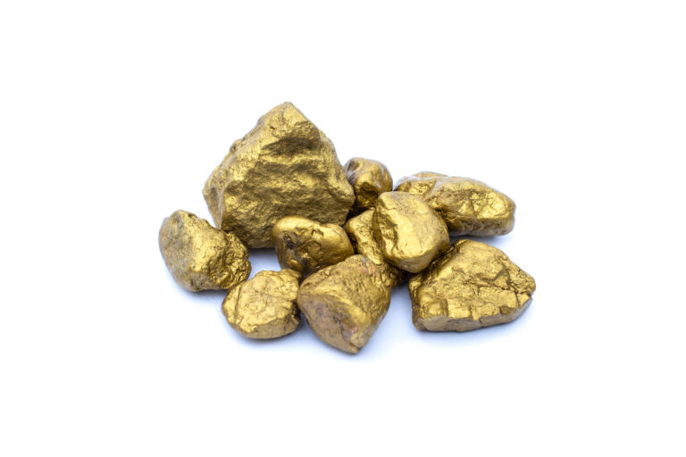 Pure gold nugget. Pile of golden nuggets on white background