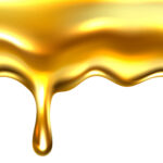 Dripping honey drops, gold realistic seamless border, liquid yellow syrup splashes, glossy drip with falling droplets, flow oil or sweet caramel illustration isolated on transparent background. 3d vector