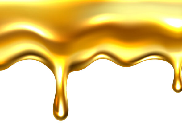 Dripping honey drops, gold realistic seamless border, liquid yellow syrup splashes, glossy drip with falling droplets, flow oil or sweet caramel illustration isolated on transparent background. 3d vector