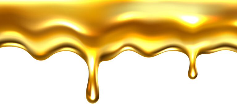 Dripping honey drops, gold realistic seamless border, liquid yellow syrup splashes, glossy drip with falling droplets, flow oil or sweet caramel illustration isolated on transparent background. 3d vector